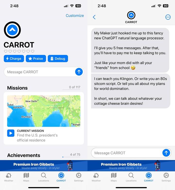 Carrot Weather app gets a chatbot