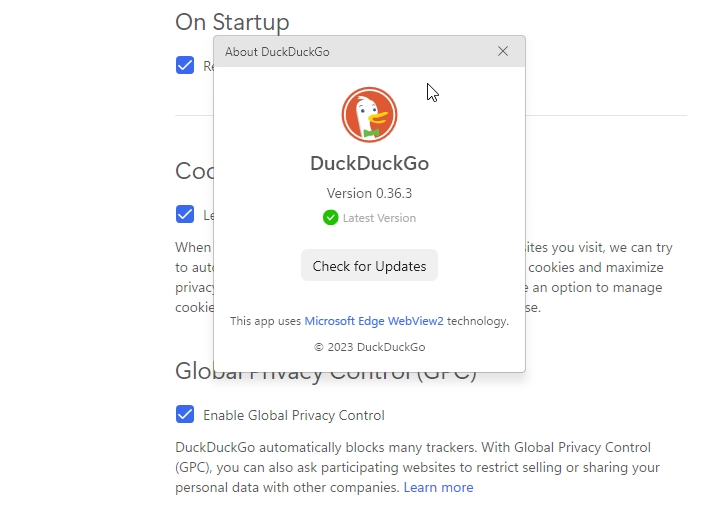 DuckDuckGo browser for windows about version number