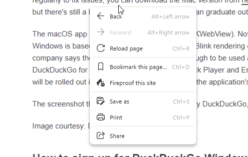 DuckDuckGo browser for windows page right-click menu