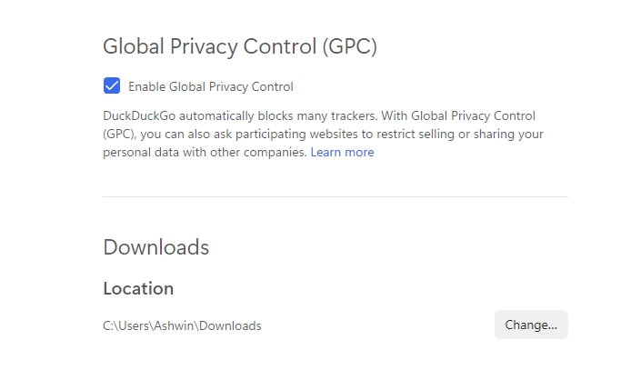 DuckDuckGo browser for windows settings 2