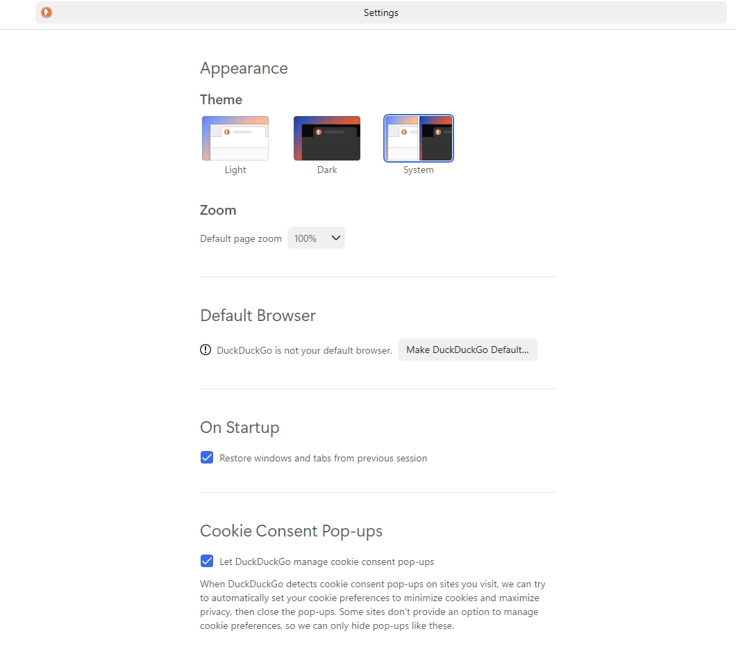 DuckDuckGo browser for windows settings