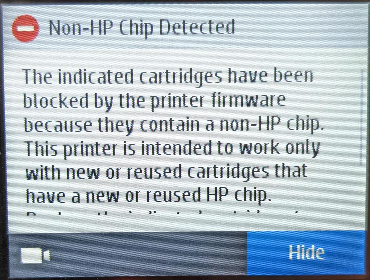 Dynamic security on HP printer blocks third-party ink cartridges