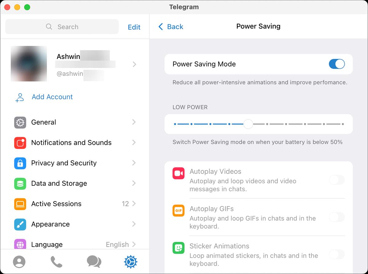 How to enable Power Saving Mode manually in Telegram for macOS