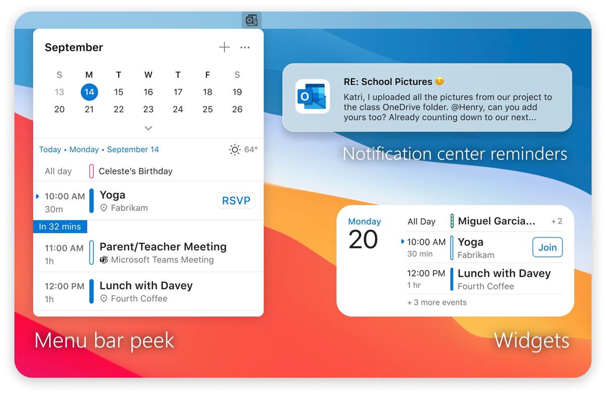 Microsoft Outlook for macOS widgets menu bar peek notifications
