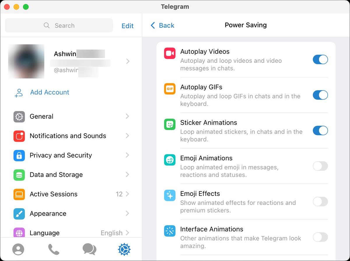 Power Saving Mode in Telegram for macOS