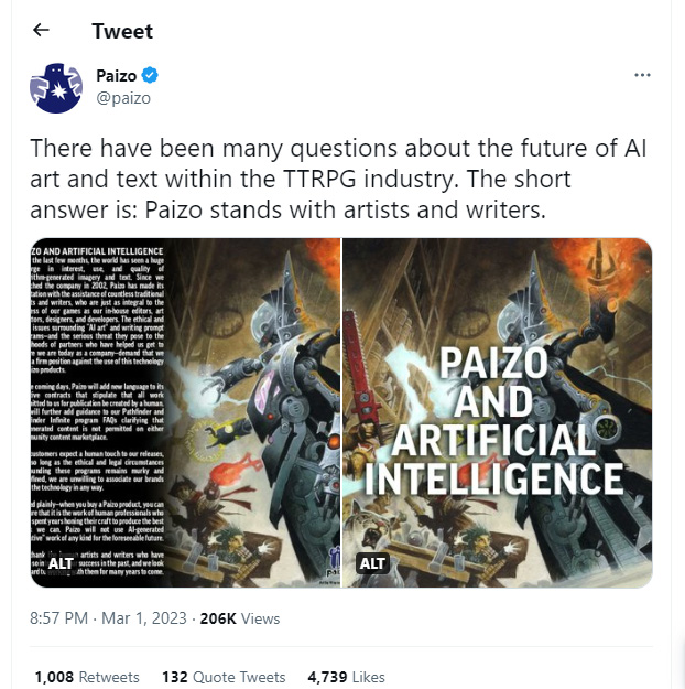 RPG publisher, Pazio has clarified that it doesn’t like AI-generated content.