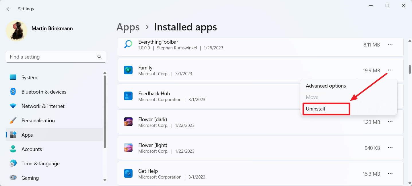 uninstall apps windows 11