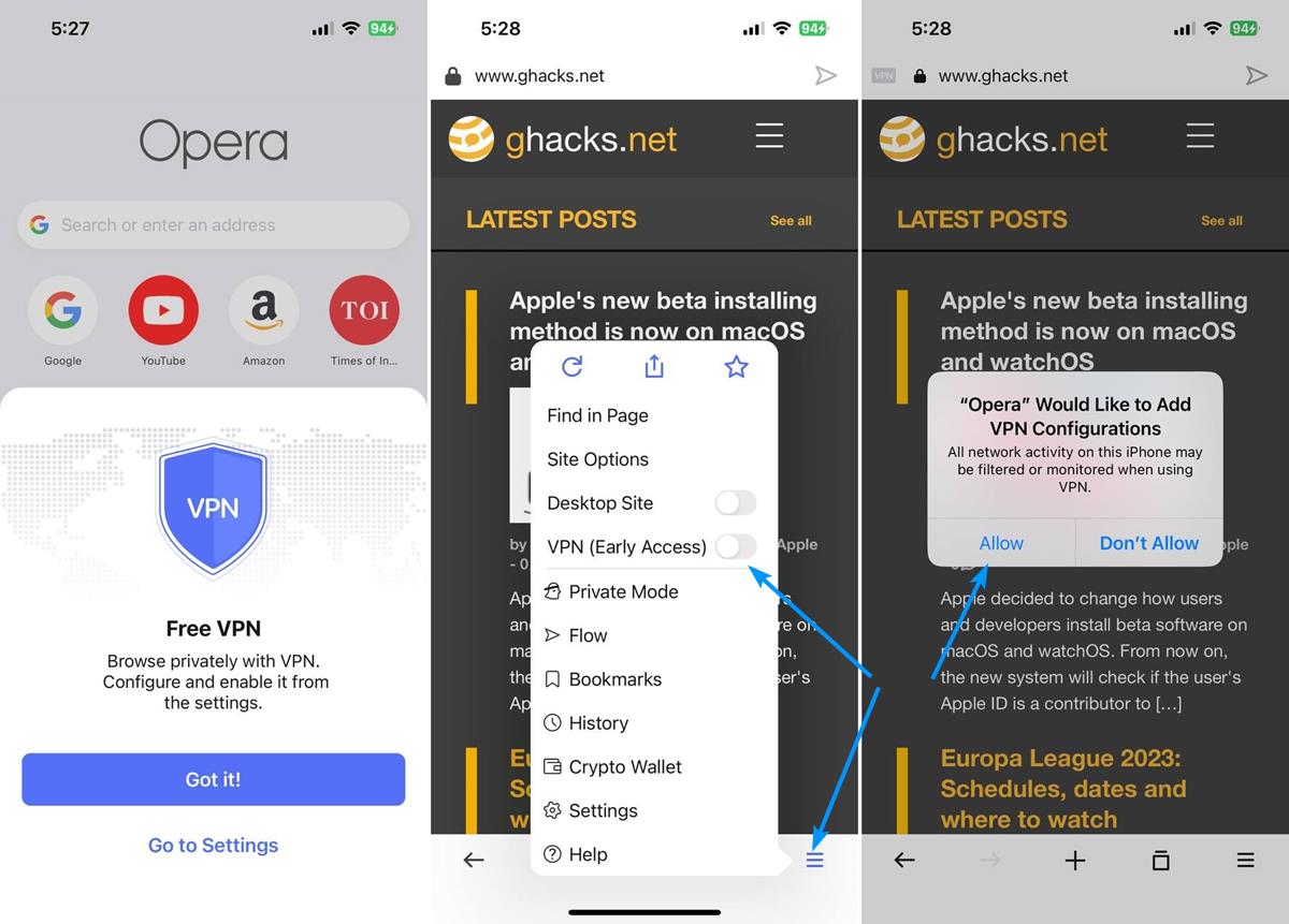How to enable VPN in Opera browser for iOS