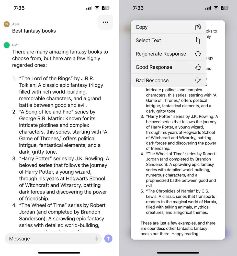 ChatGPT for iOS context menu