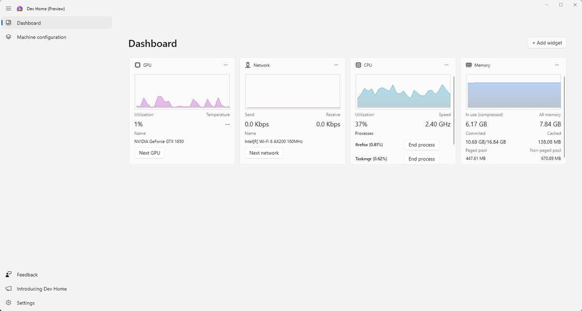 Dev Home app widgets to monitor system resources