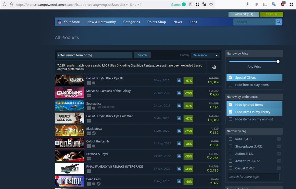Steam search page find games on sale