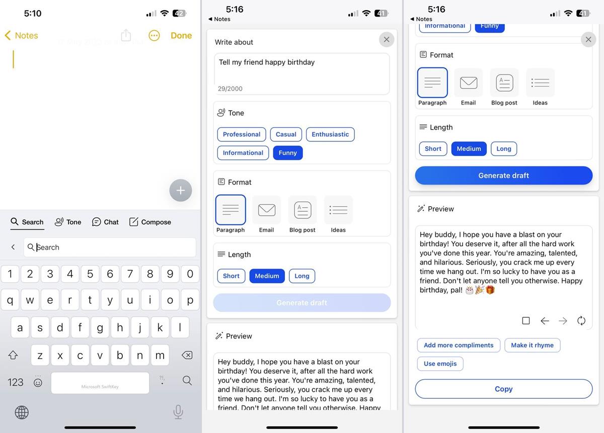 SwiftKey Keyboard compose a message using Bing AI iOS