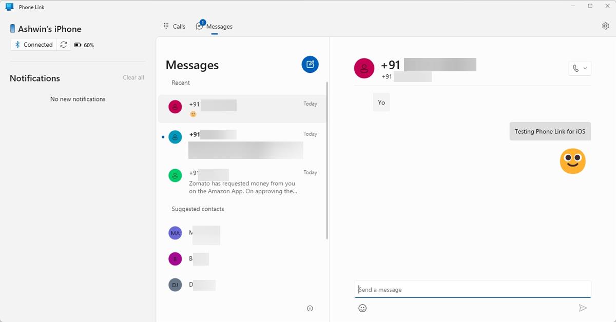 Using Phone Link for iOS to send messages from Windows 11