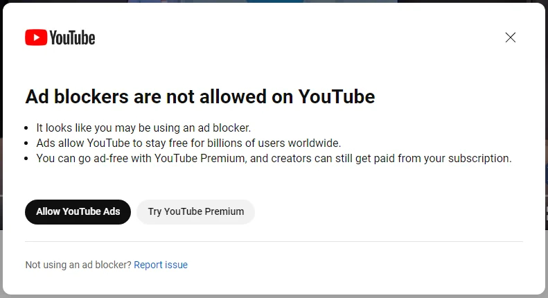 ad blockers are not allowed on YouTube