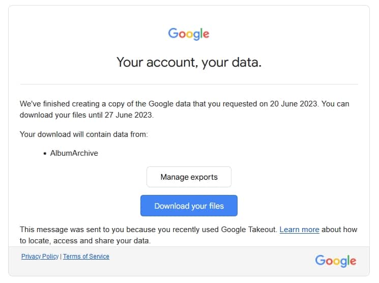 Download Album Archive data using Google Takeout
