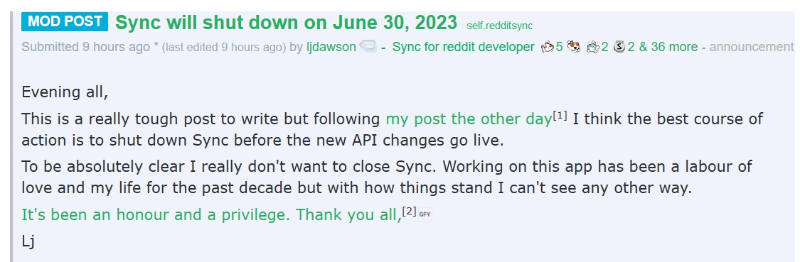 Sync for Reddit app is shutting down