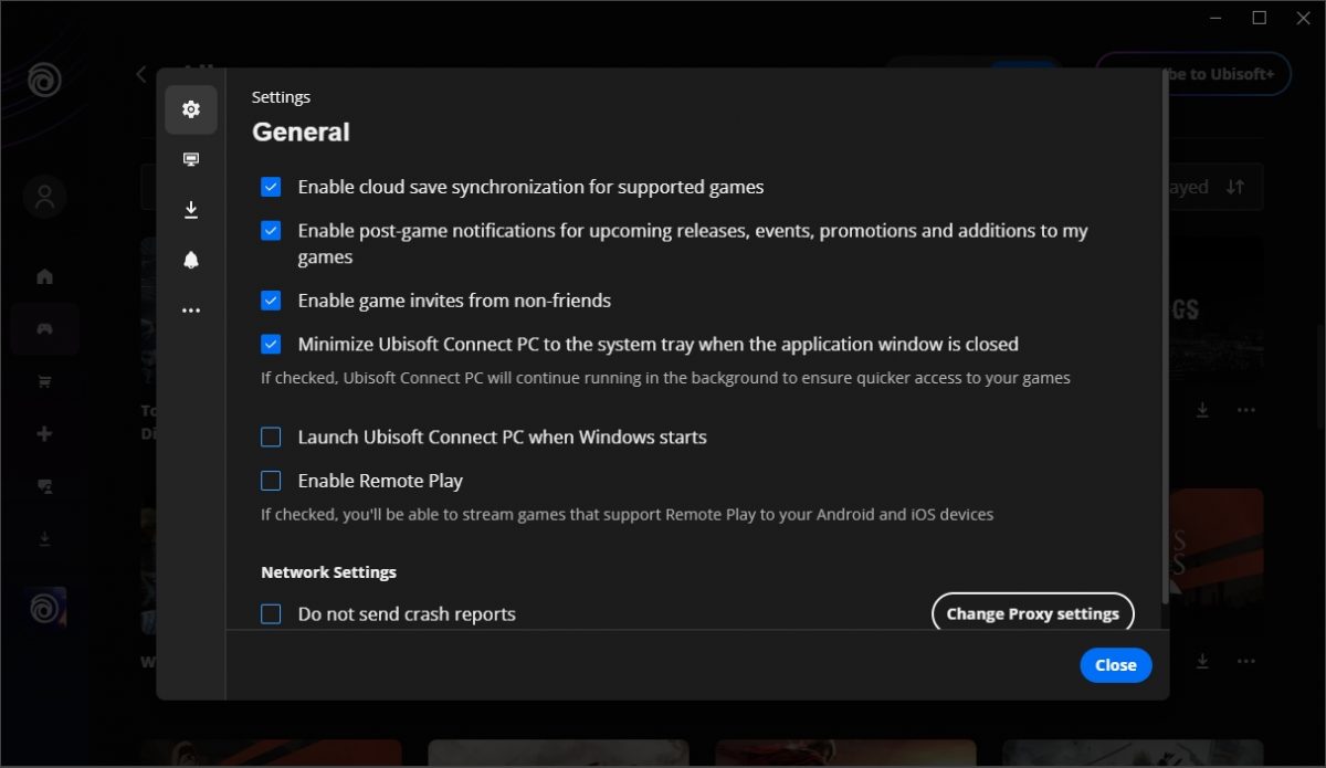Ubisoft Connect beta settings page