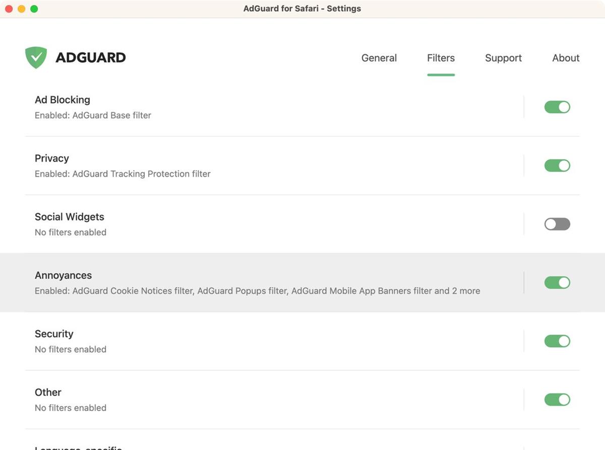 adguard safari enable annoyances filters