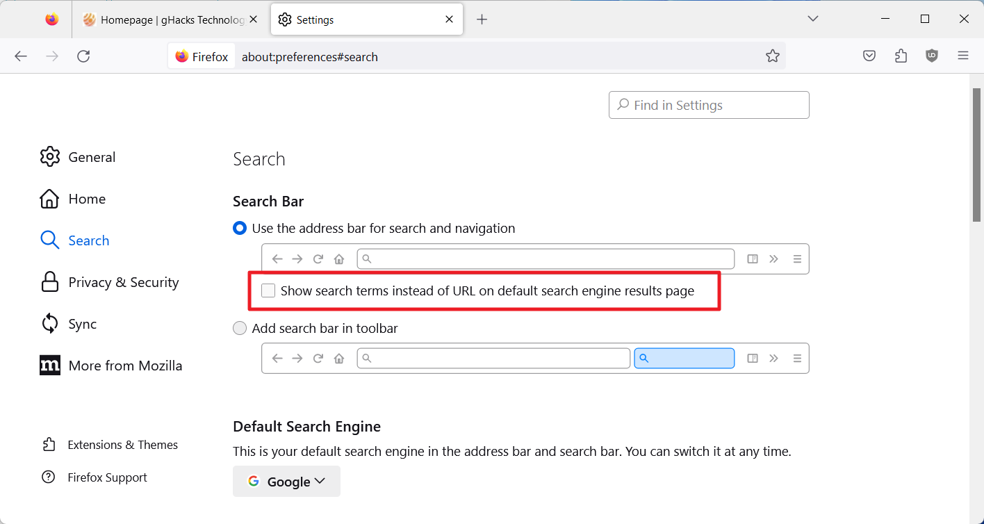firefox disable search terms in address bar