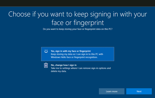 windows choose face fingerprint signing in