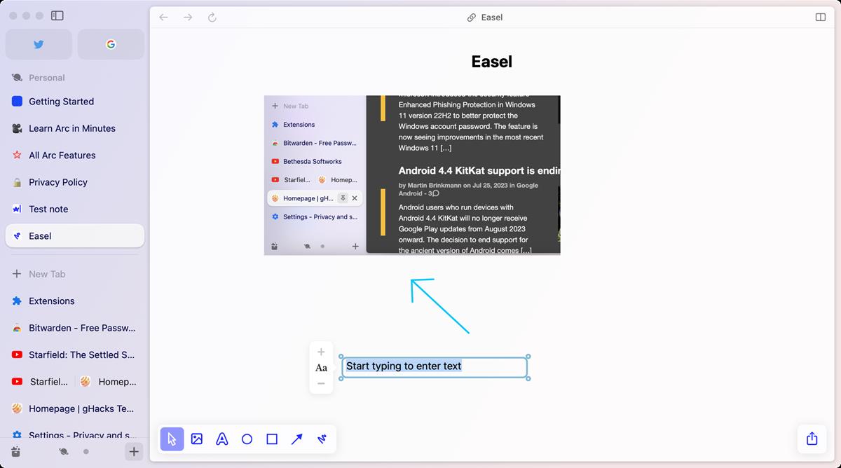 Arc Browser easel whiteboard