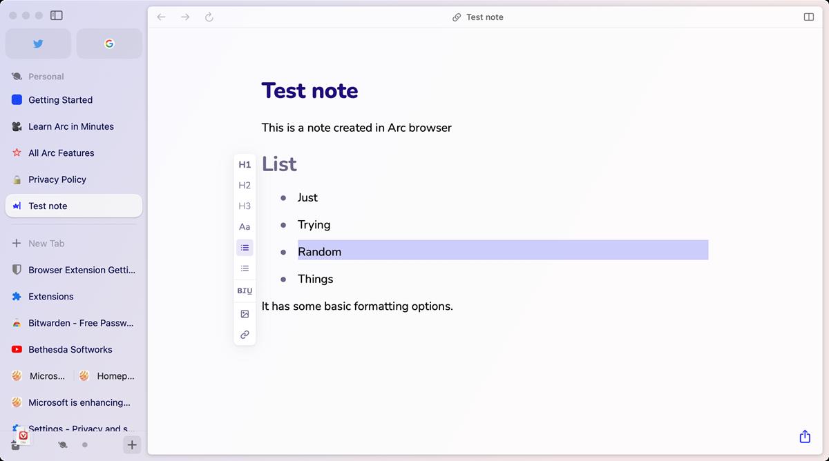 Arc Browser note editor