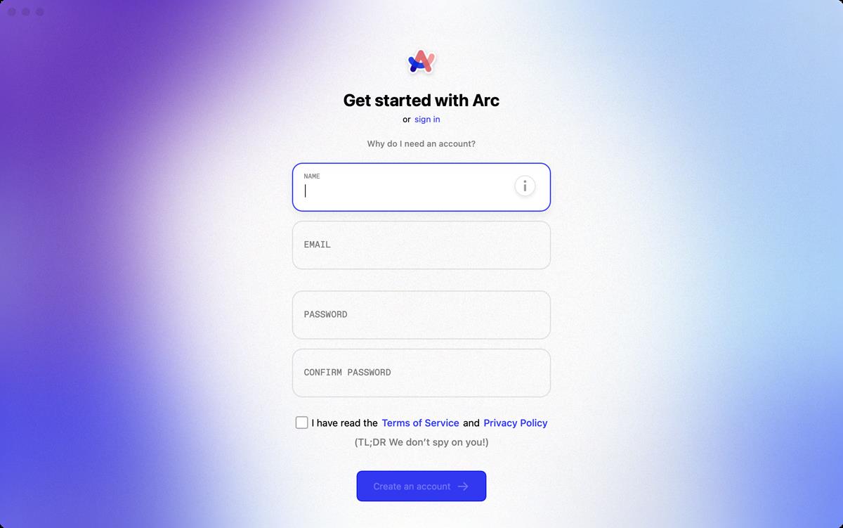 Arc Browser sign up to use the app