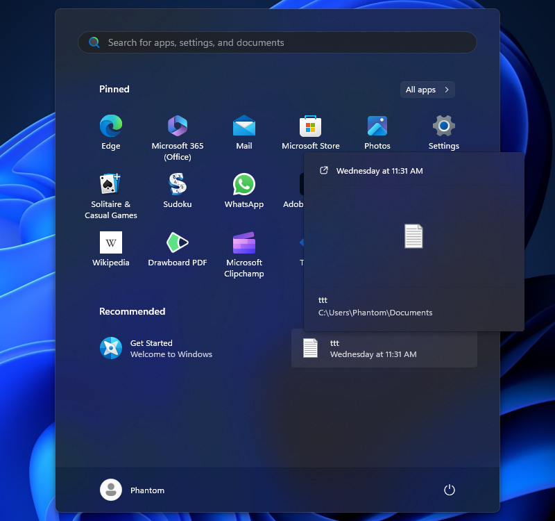 windows 11 start menu recommended