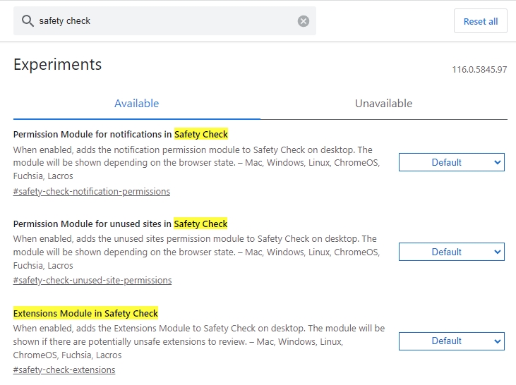 Extensions Module in Safety Check Google Chrome