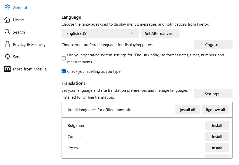 Mozilla Firefox Translation Settings