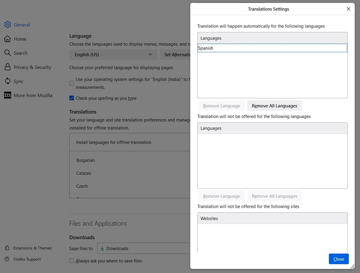 Mozilla Firefox automatic translation settings