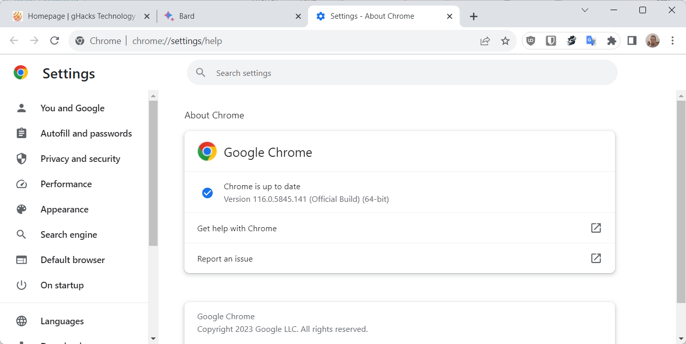 Google Chrome security update 116