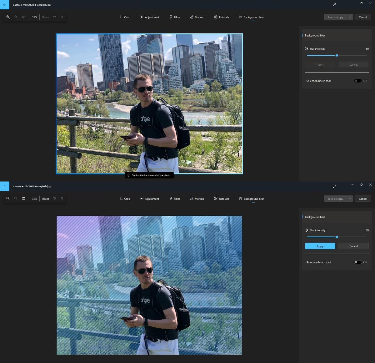 Microsoft Photos app processes background blur