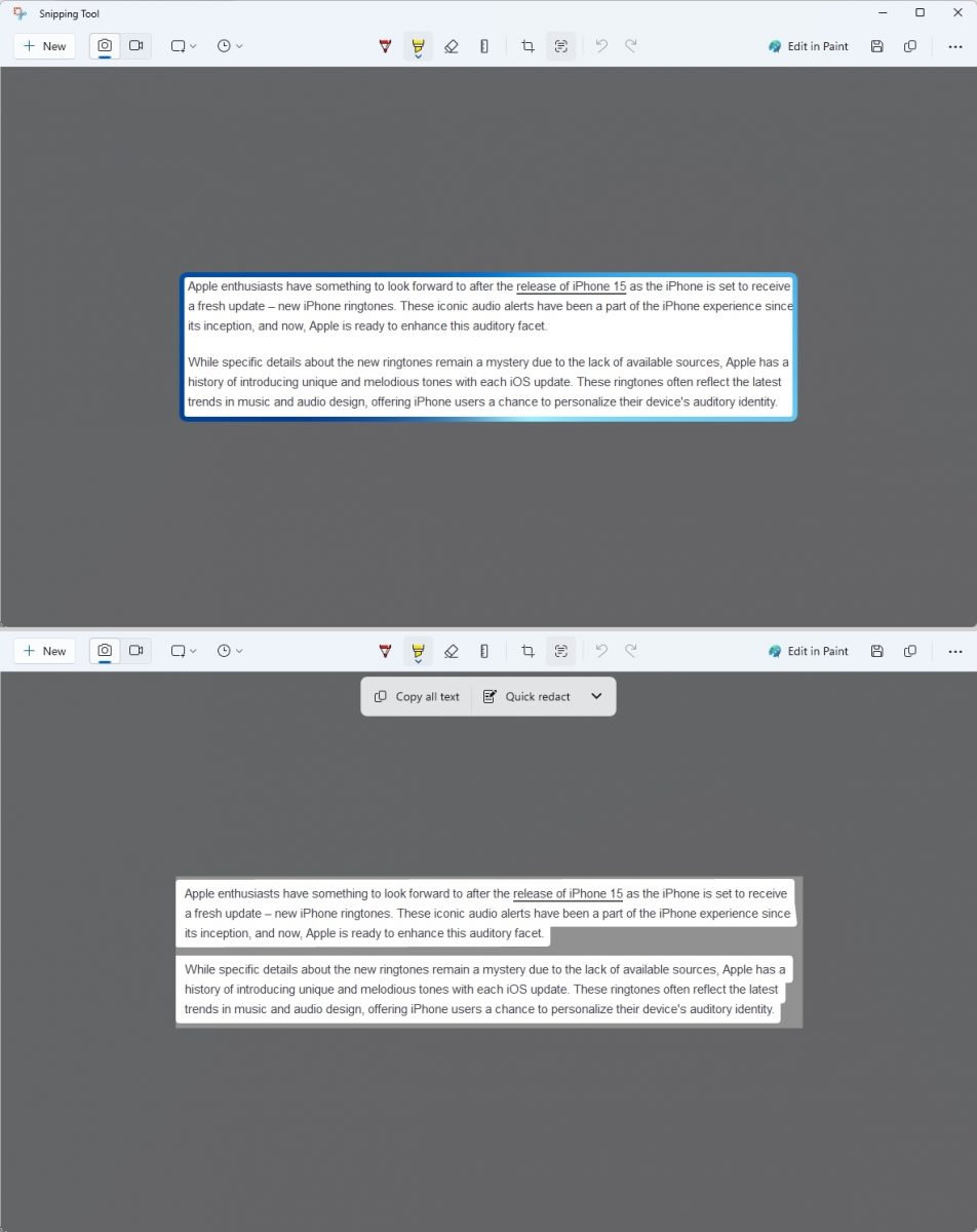Snipping Tool text actions