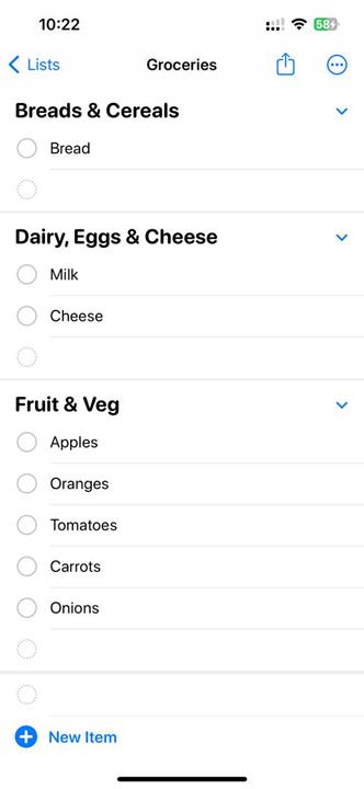 automatically sorted Groceries list in the Reminders app in iOS 17