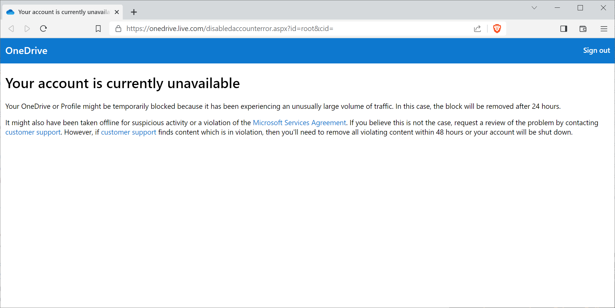 onedrive your account is currently unavailable
