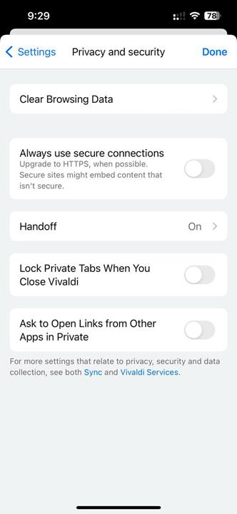 vivadi ios browser - privacy and security
