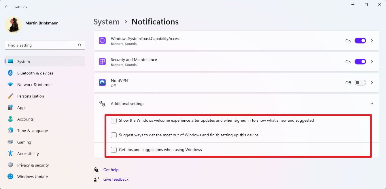 Impostazioni dei suggerimenti di Windows 11: aggiuntive