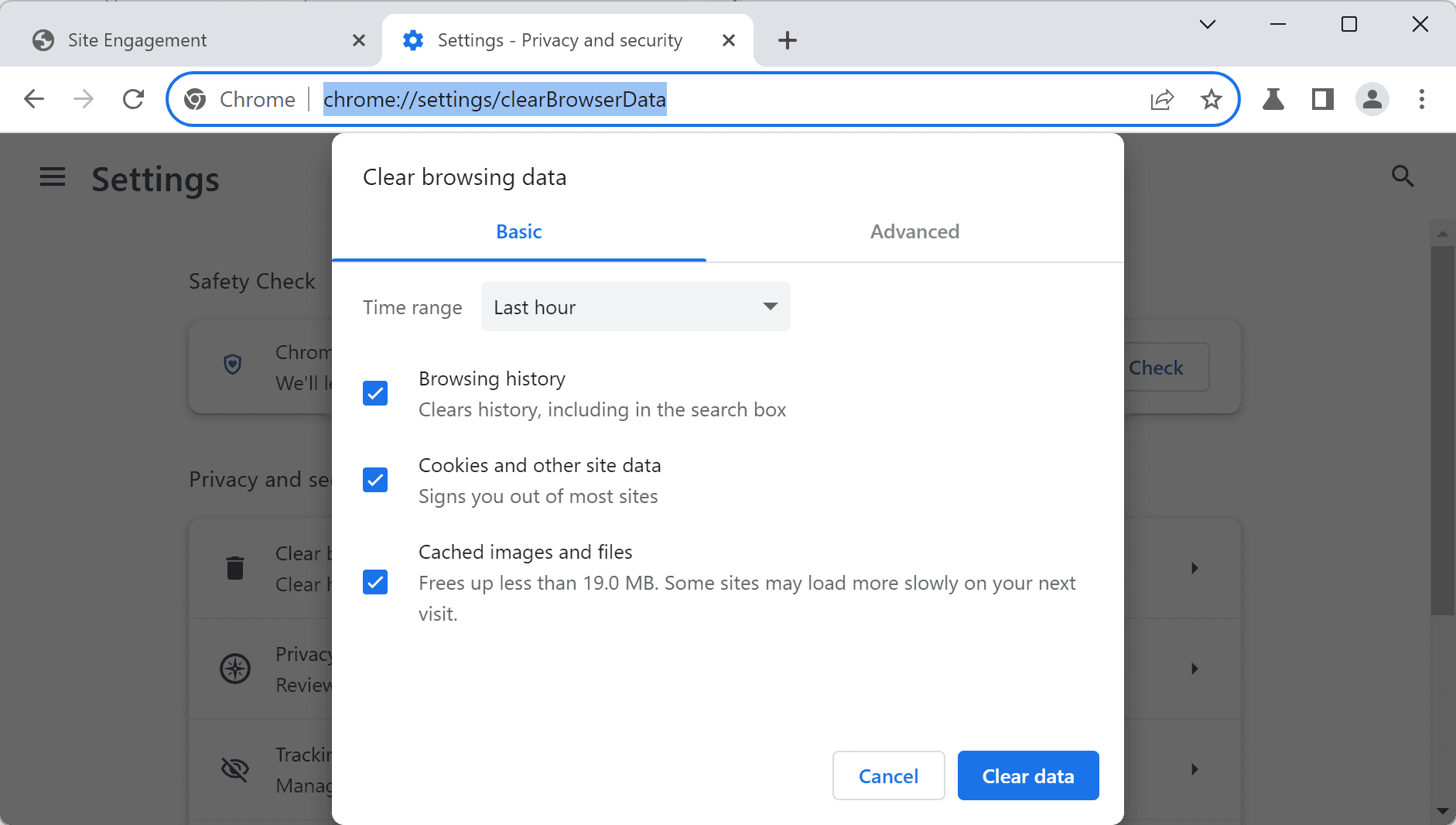 chrome clear browsing data