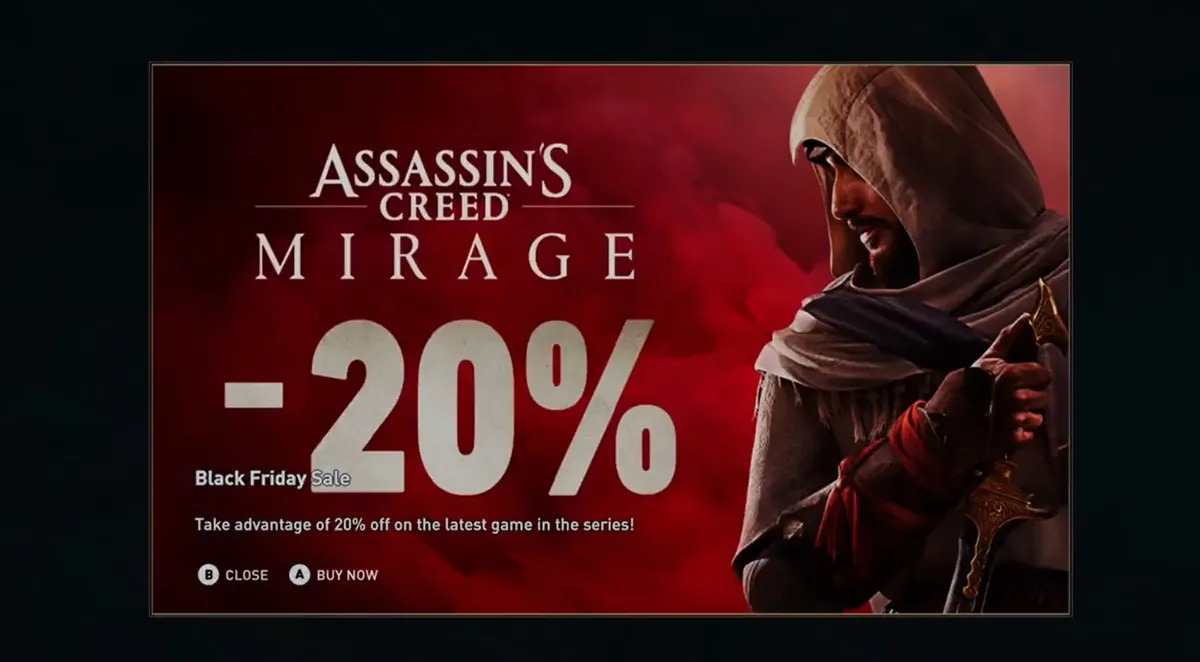 Assassin's Creed Mirage pop-up ad while playing game on Xbox and PlayStation