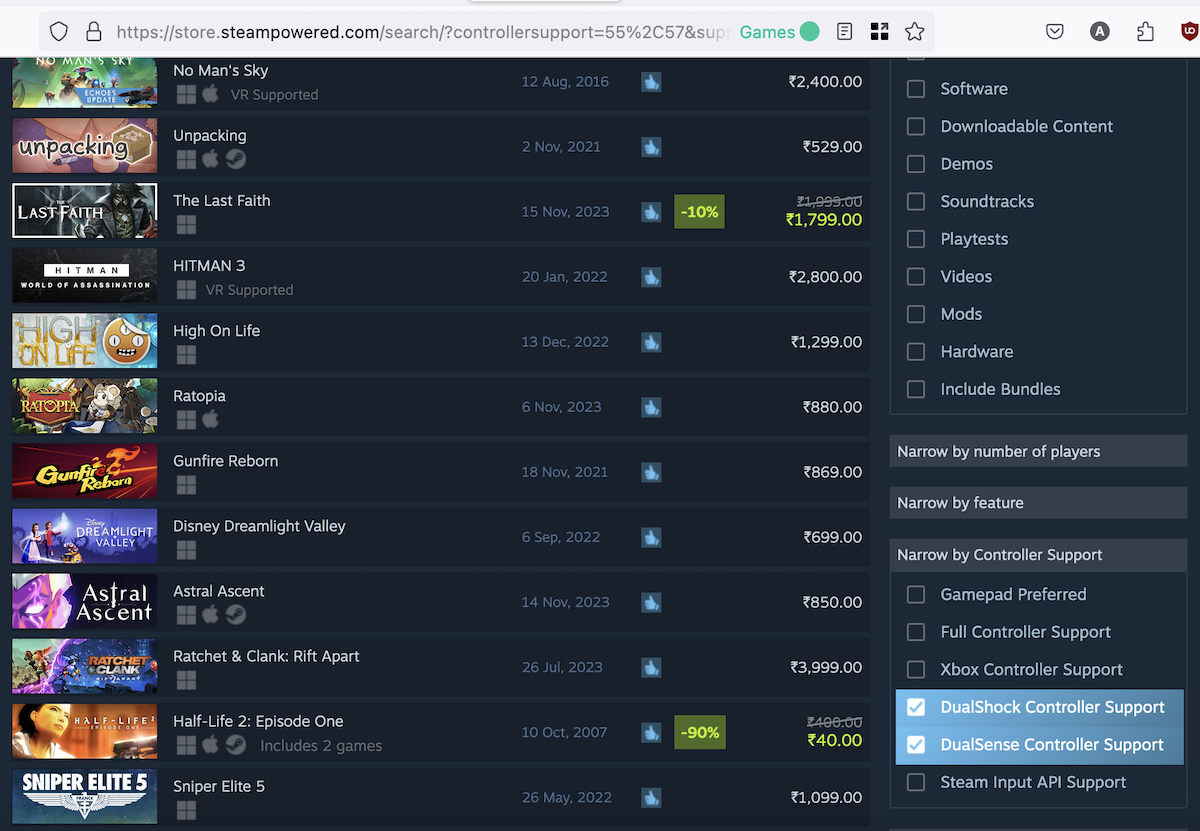 Steam Search filters narrow by controller support