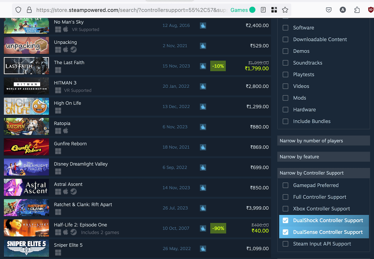 Steam Search filters narrow by controller support