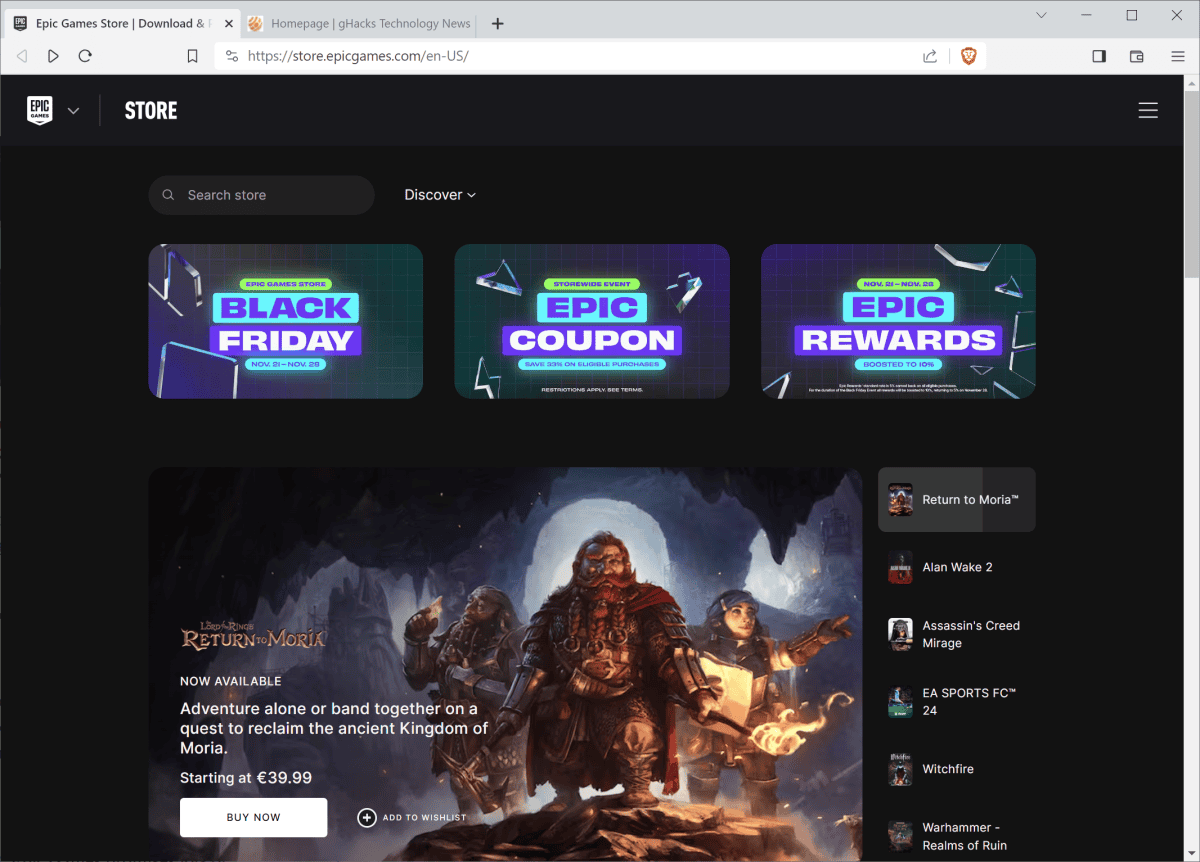 Brave is the first browser featured on the Epic Games Store