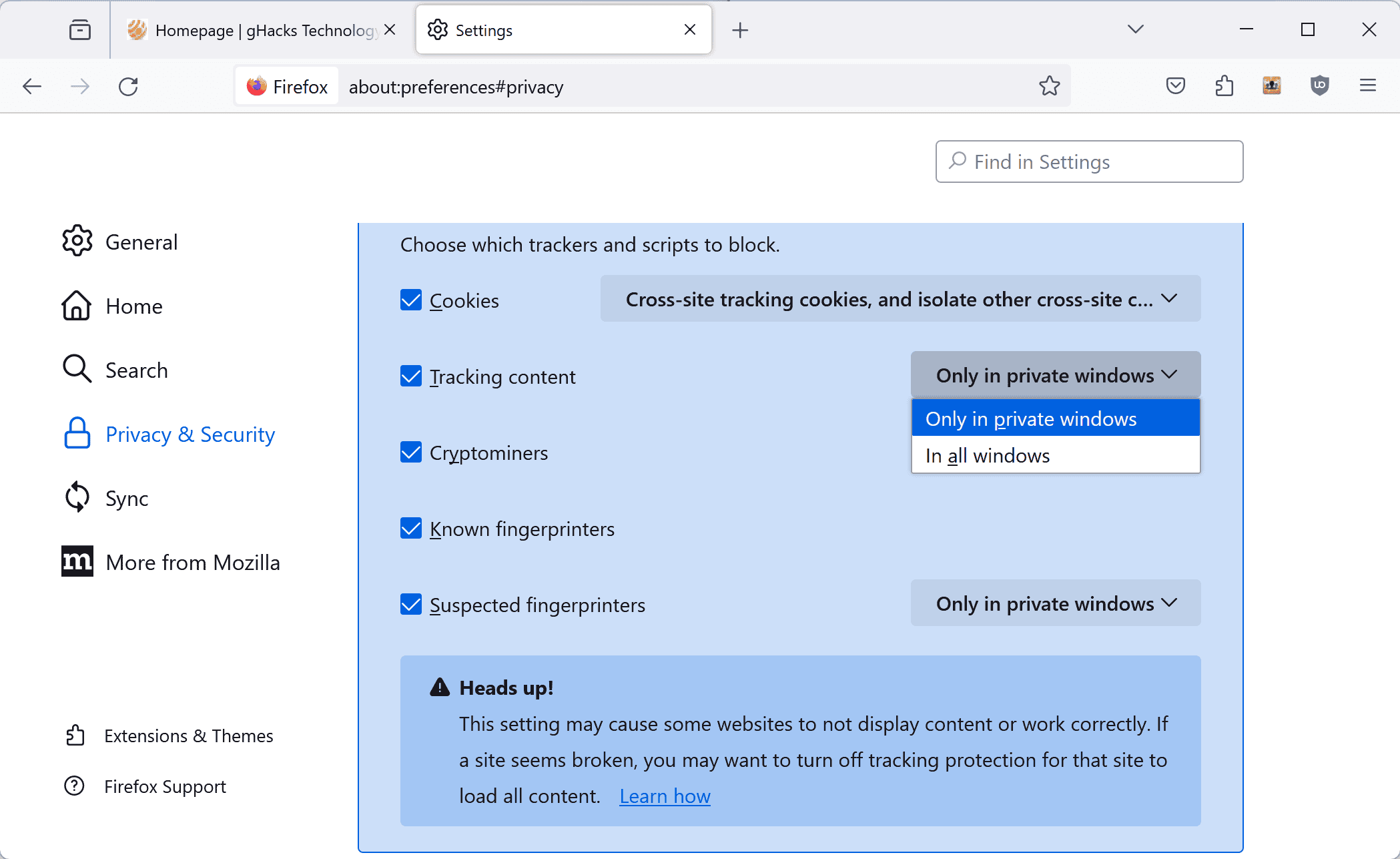 Firefox anti-tracking all windows