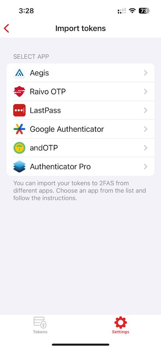 2fas import tokens from other authenticator apps