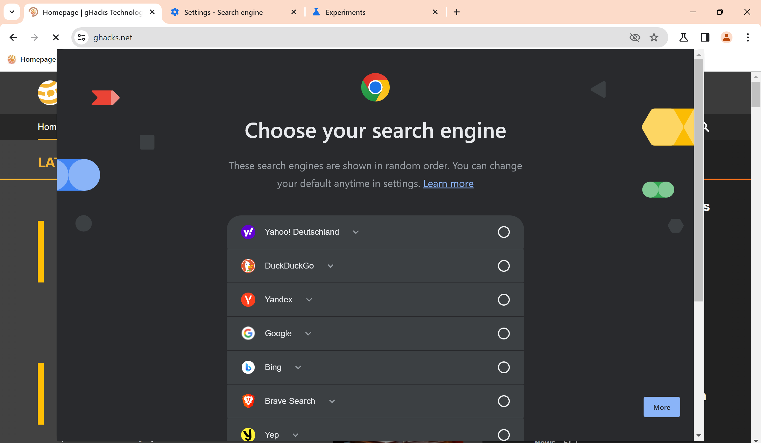 Google Chrome to display "choose your search engine" prompt