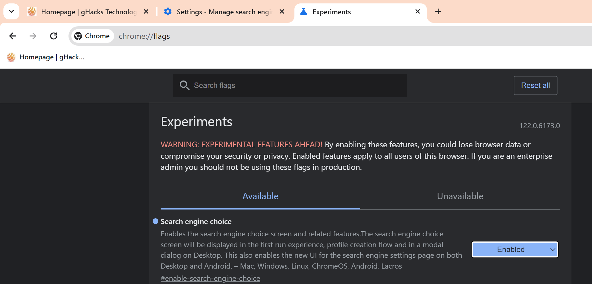 Chrome Search Engine prompt flag