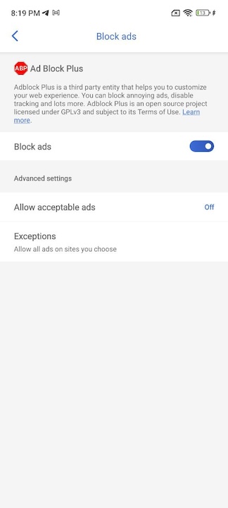 how to enable ad block plus in microsoft copilot for android
