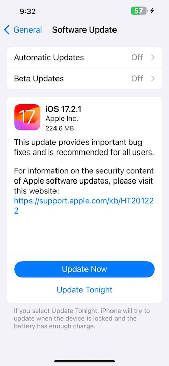 iOS 17.2.1 update change log