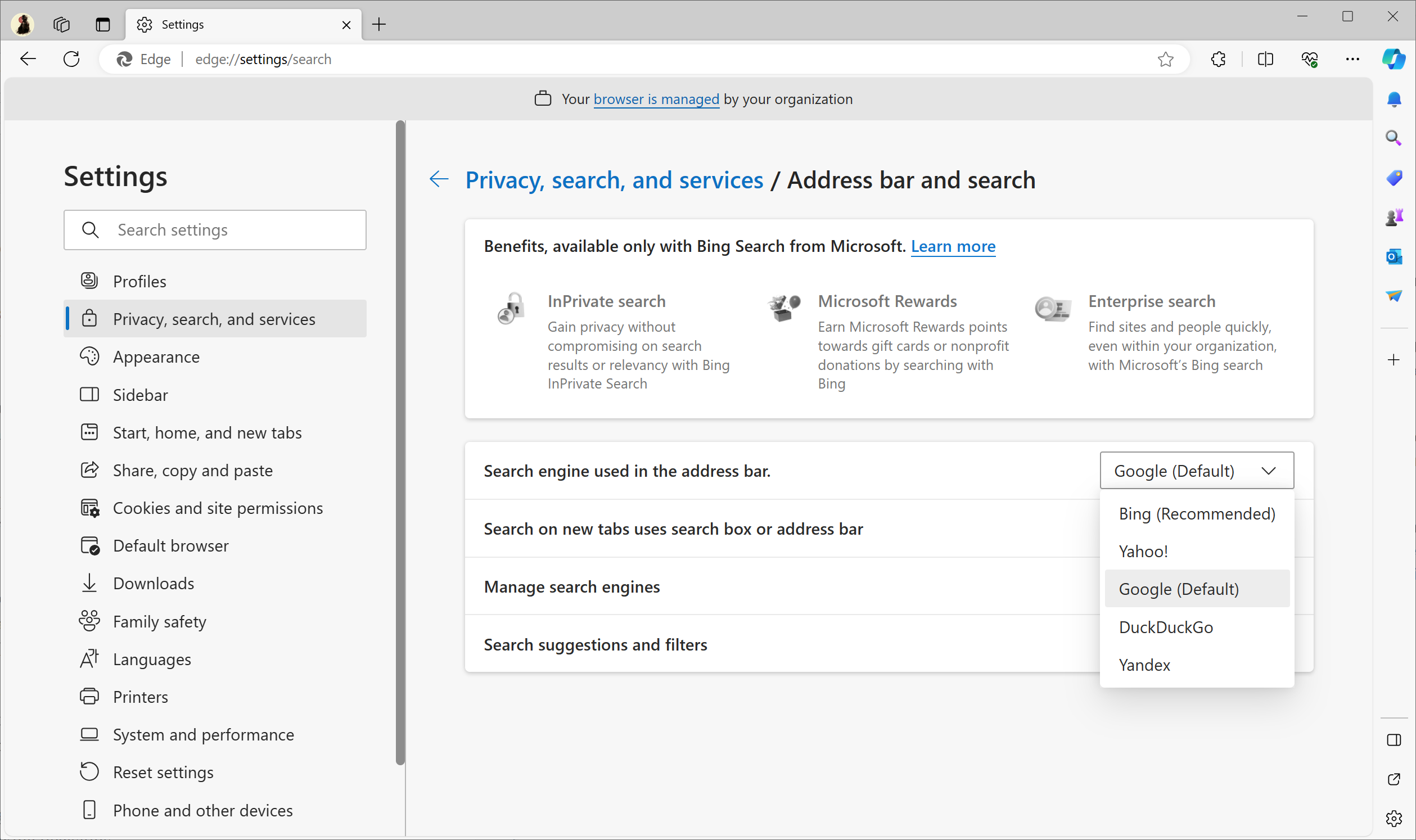 Microsoft Edge set default search